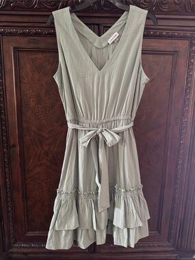 Calvin Klein Sleeveless V-Neck Tiered Dress with Waist Tie